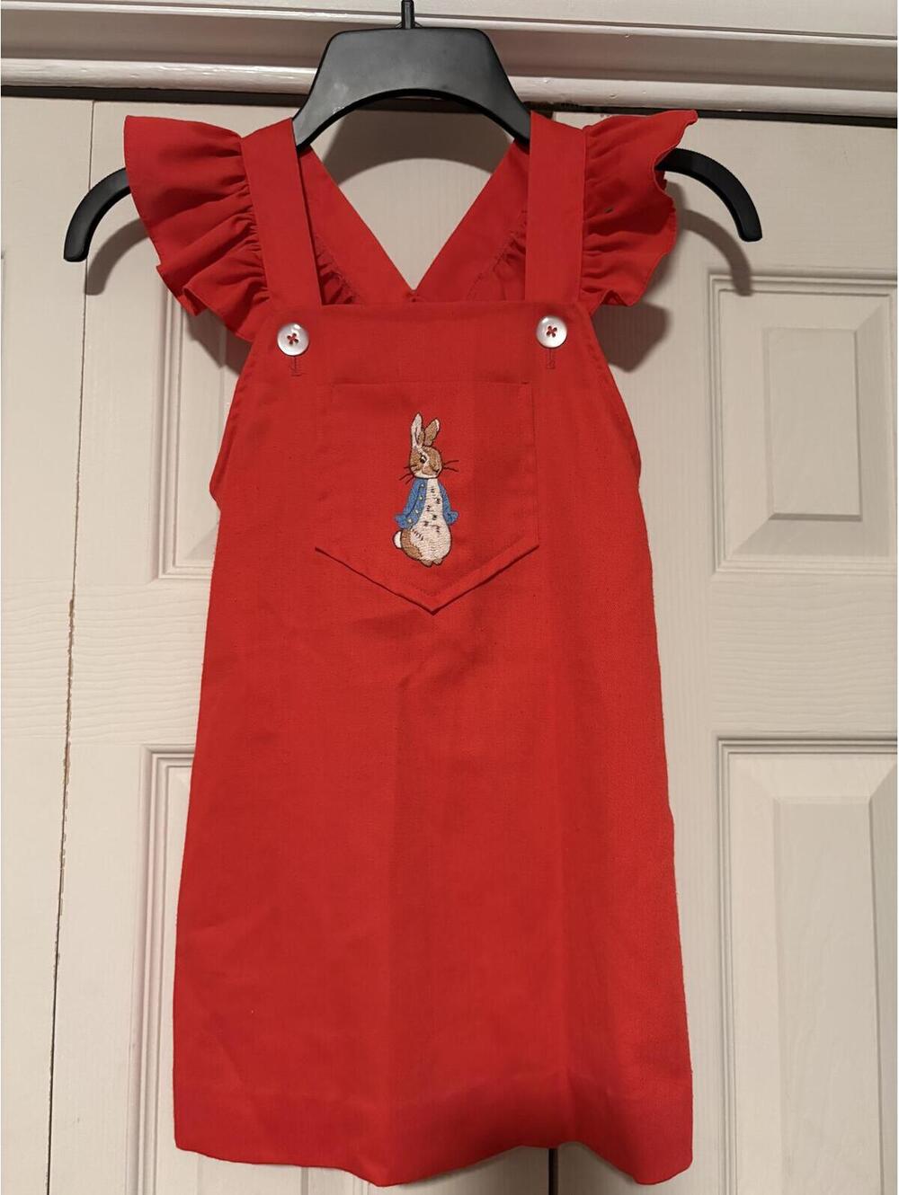 Vintage Peter Rabbit Jumper Dress Red Embroidered Bunny Ruffle Strap Pinafore